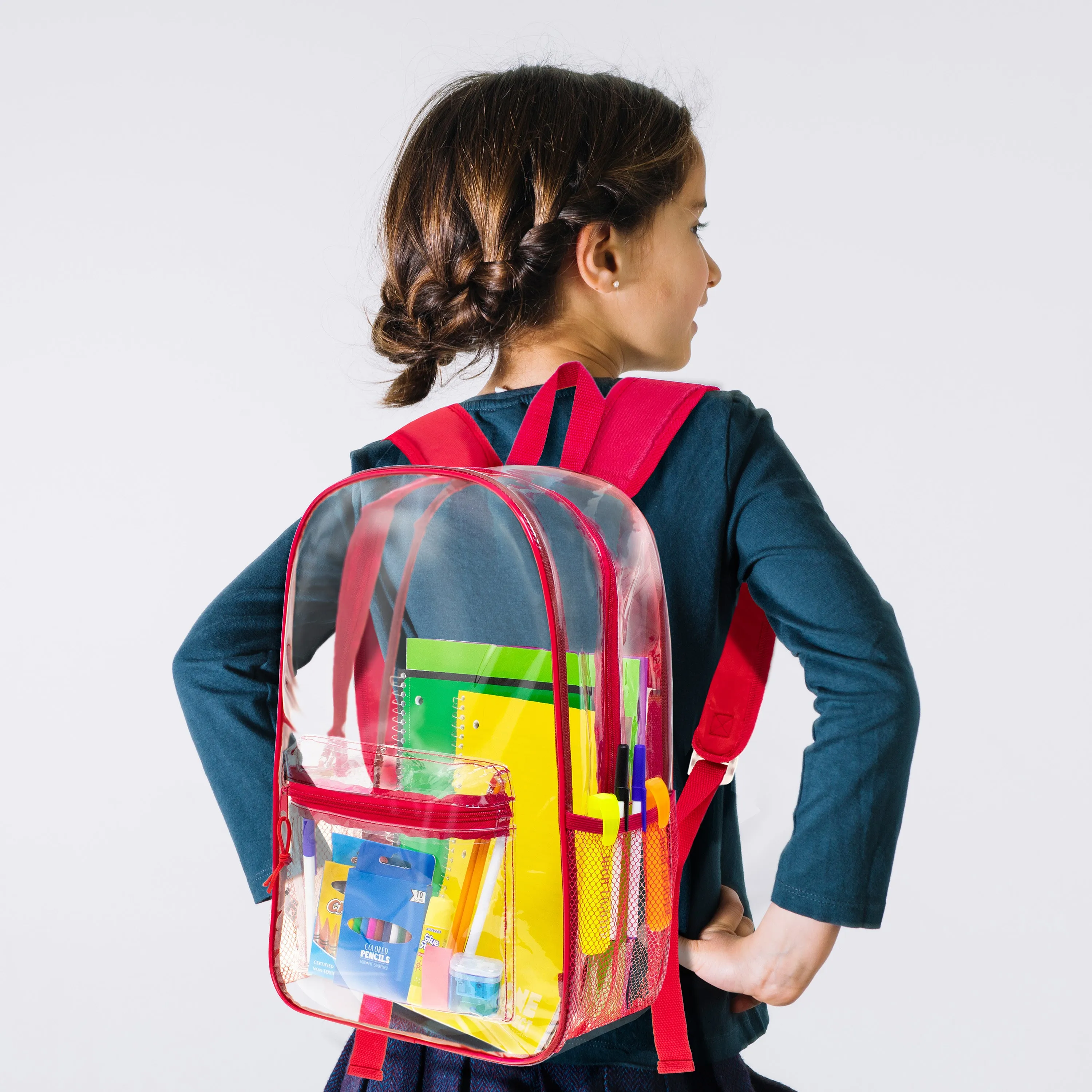 17" Transparent Wholesale Backpack in Assorted Colors With Side Pocket - Bulk Case of 24