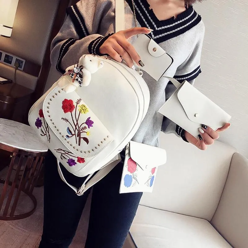 4pcs/set PU Leather Backpack Women Floral Embroidery