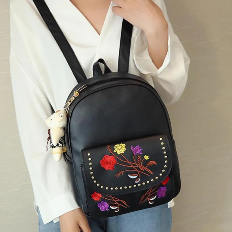 4pcs/set PU Leather Backpack Women Floral Embroidery