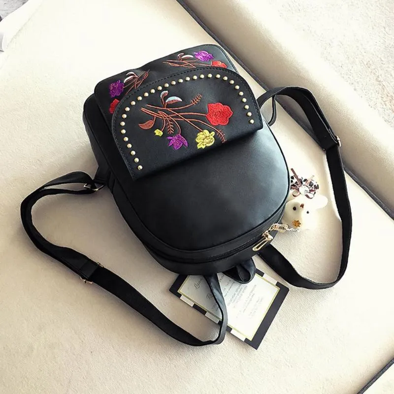 4pcs/set PU Leather Backpack Women Floral Embroidery