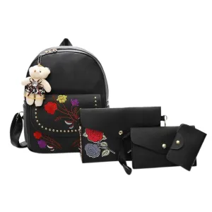 4pcs/set PU Leather Backpack Women Floral Embroidery