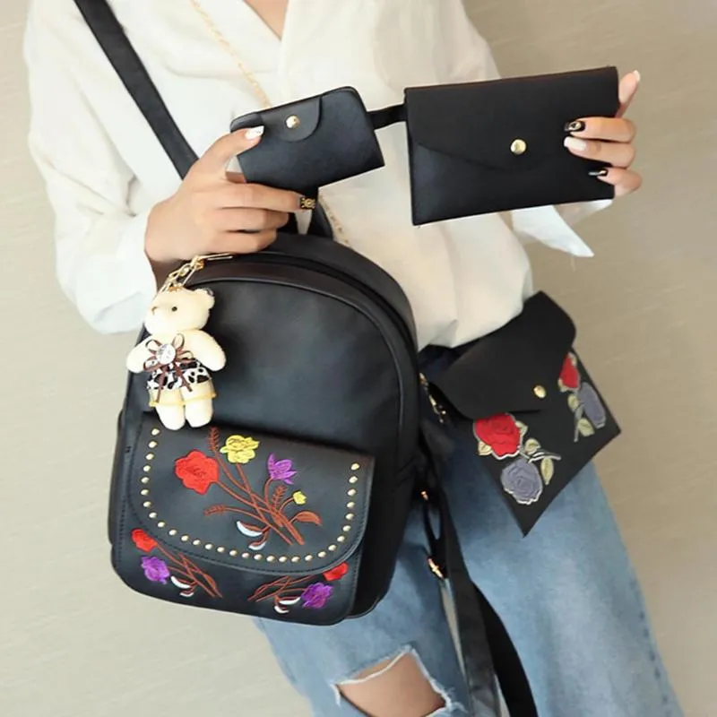 4pcs/set PU Leather Backpack Women Floral Embroidery