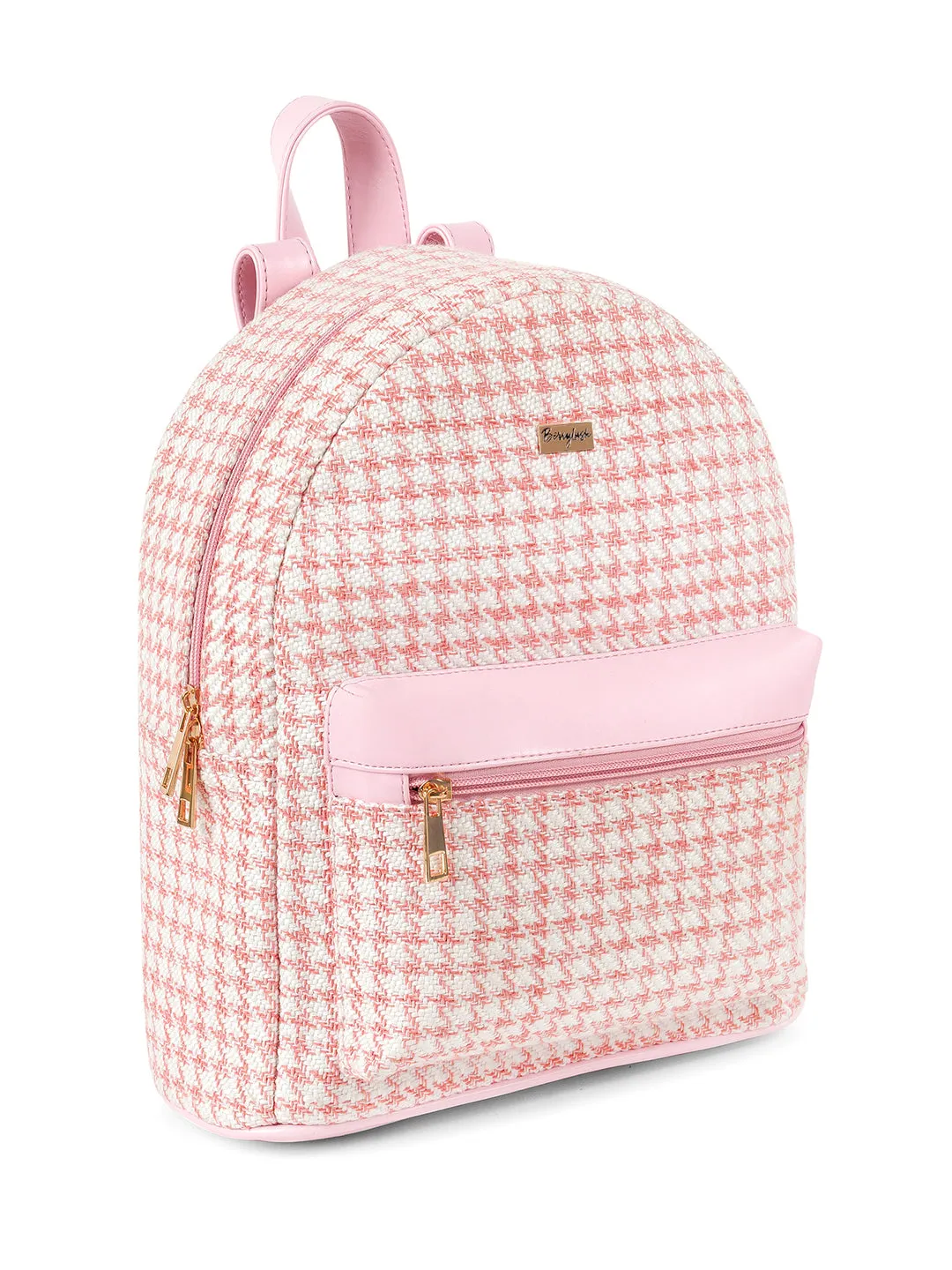 Berrylush Women Pink & White Houndstooth Printed PU Padded Shoulder Strap Zipper Backpack