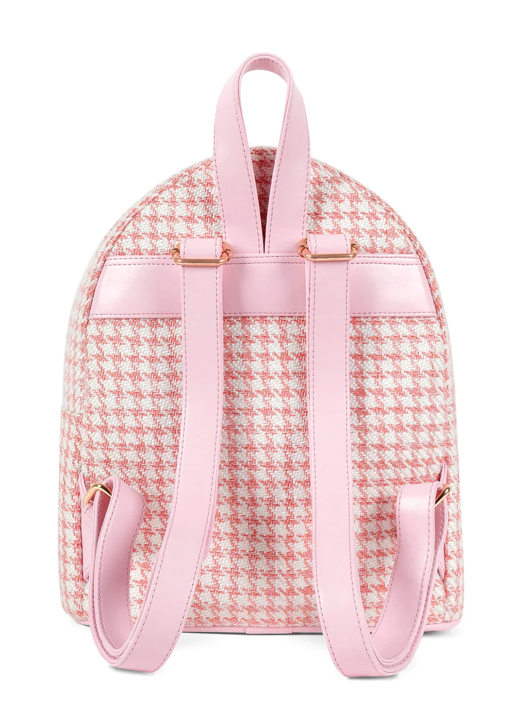 Berrylush Women Pink & White Houndstooth Printed PU Padded Shoulder Strap Zipper Backpack