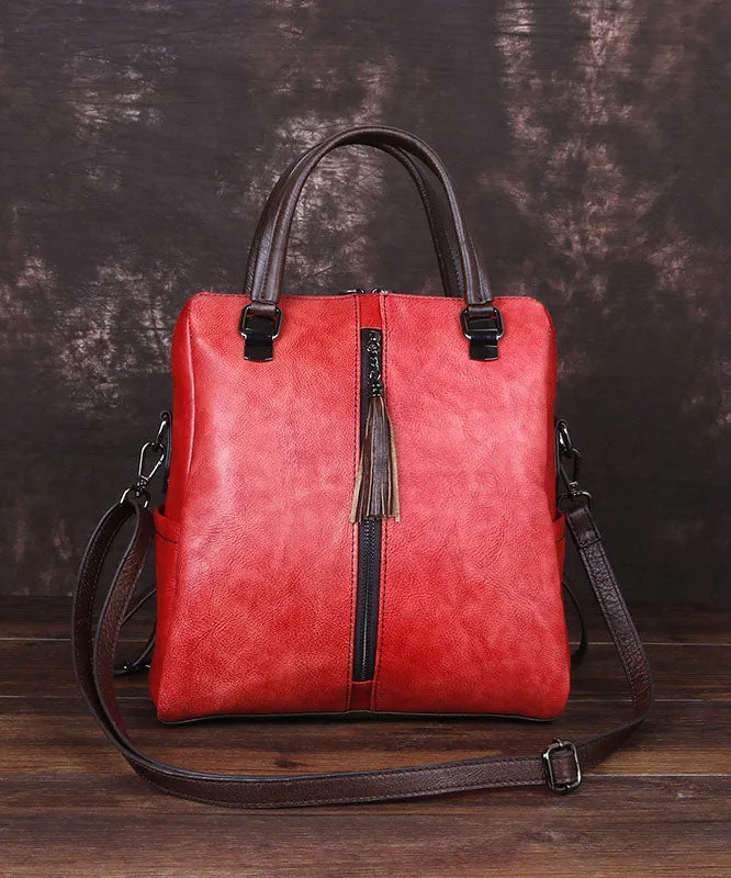 Casual Red zippered Paitings Calf Leather Backpack Bag