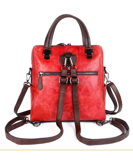 Casual Red zippered Paitings Calf Leather Backpack Bag