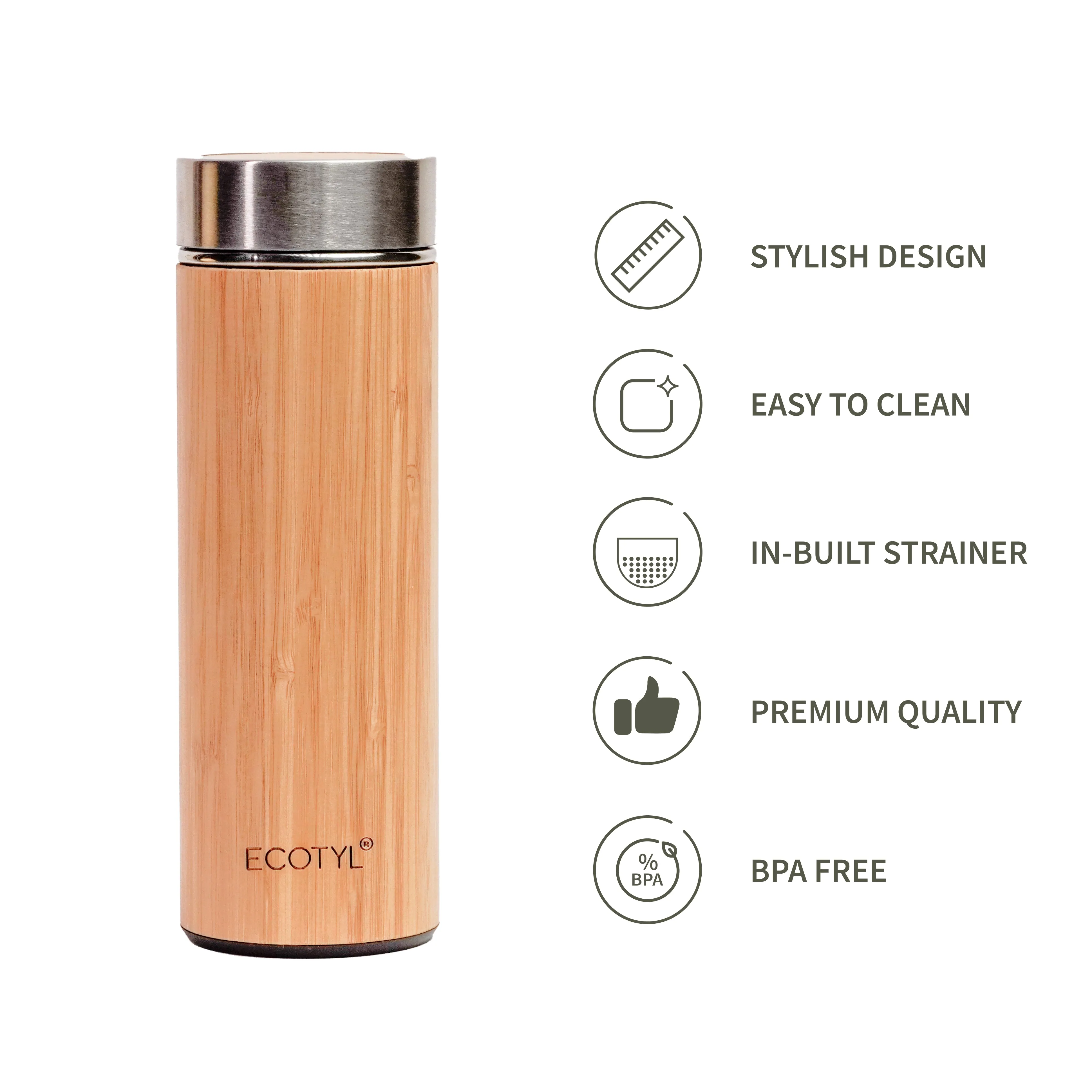 Ecotyl Bamboo Stainless Steel Insulated Flask With Strainer - 450 ml