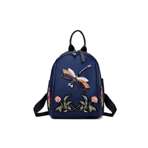 Fabra Small Waterproof Nylon Women Backpack Embroidery Flower Shoulder Bag Dragonfly