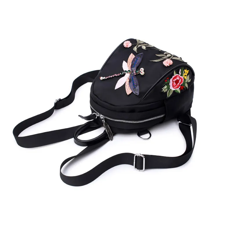 Fabra Small Waterproof Nylon Women Backpack Embroidery Flower Shoulder Bag Dragonfly