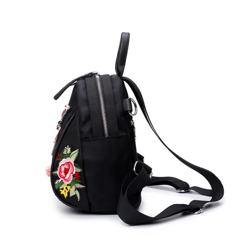 Fabra Small Waterproof Nylon Women Backpack Embroidery Flower Shoulder Bag Dragonfly