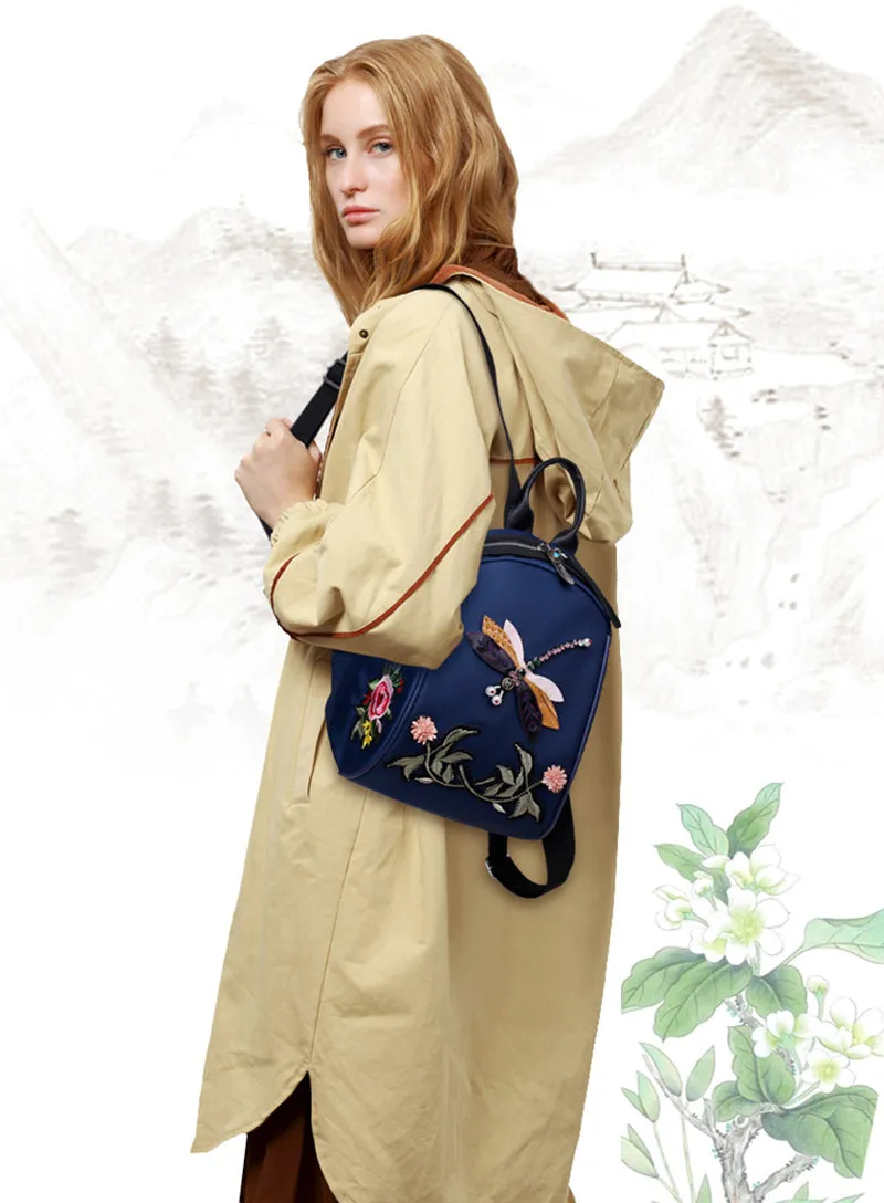 Fabra Small Waterproof Nylon Women Backpack Embroidery Flower Shoulder Bag Dragonfly