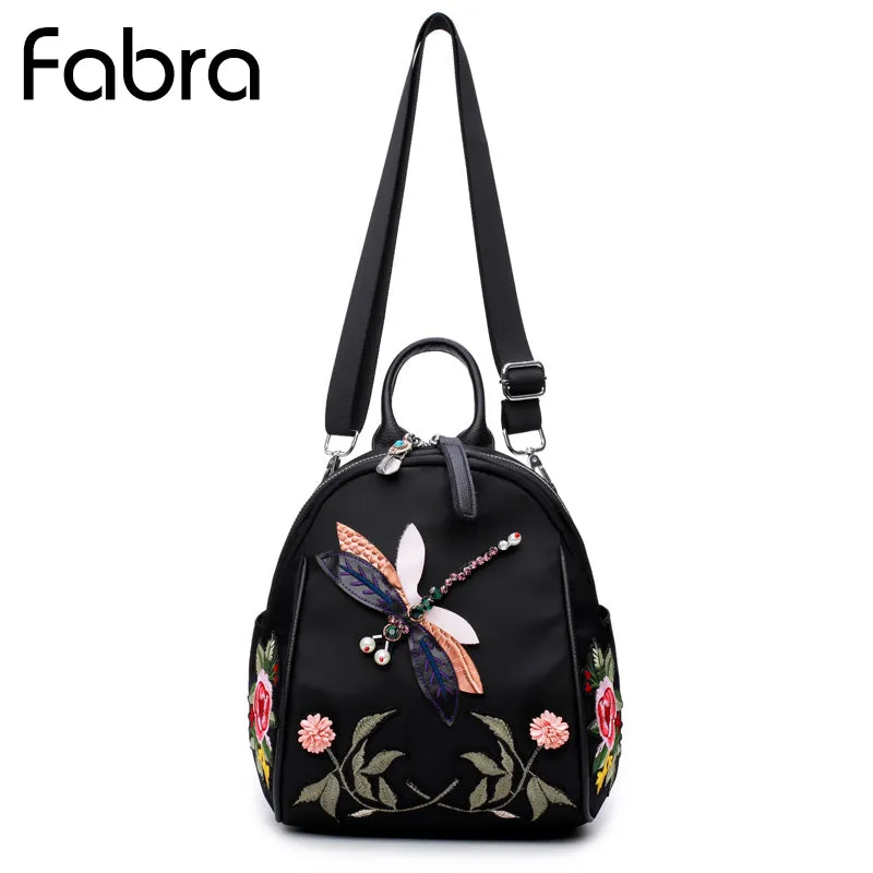 Fabra Small Waterproof Nylon Women Backpack Embroidery Flower Shoulder Bag Dragonfly