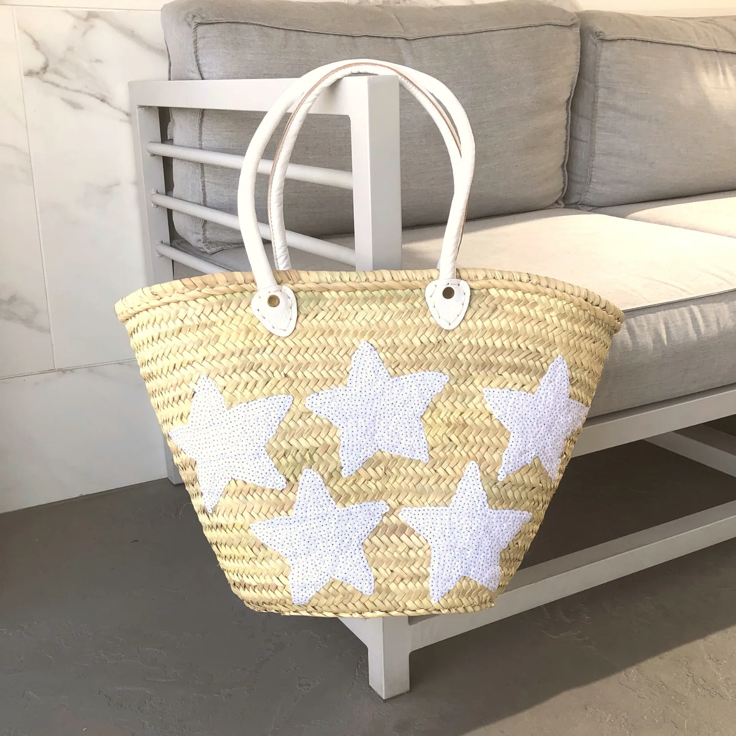 Large Straw Tote with White Sequin Stars