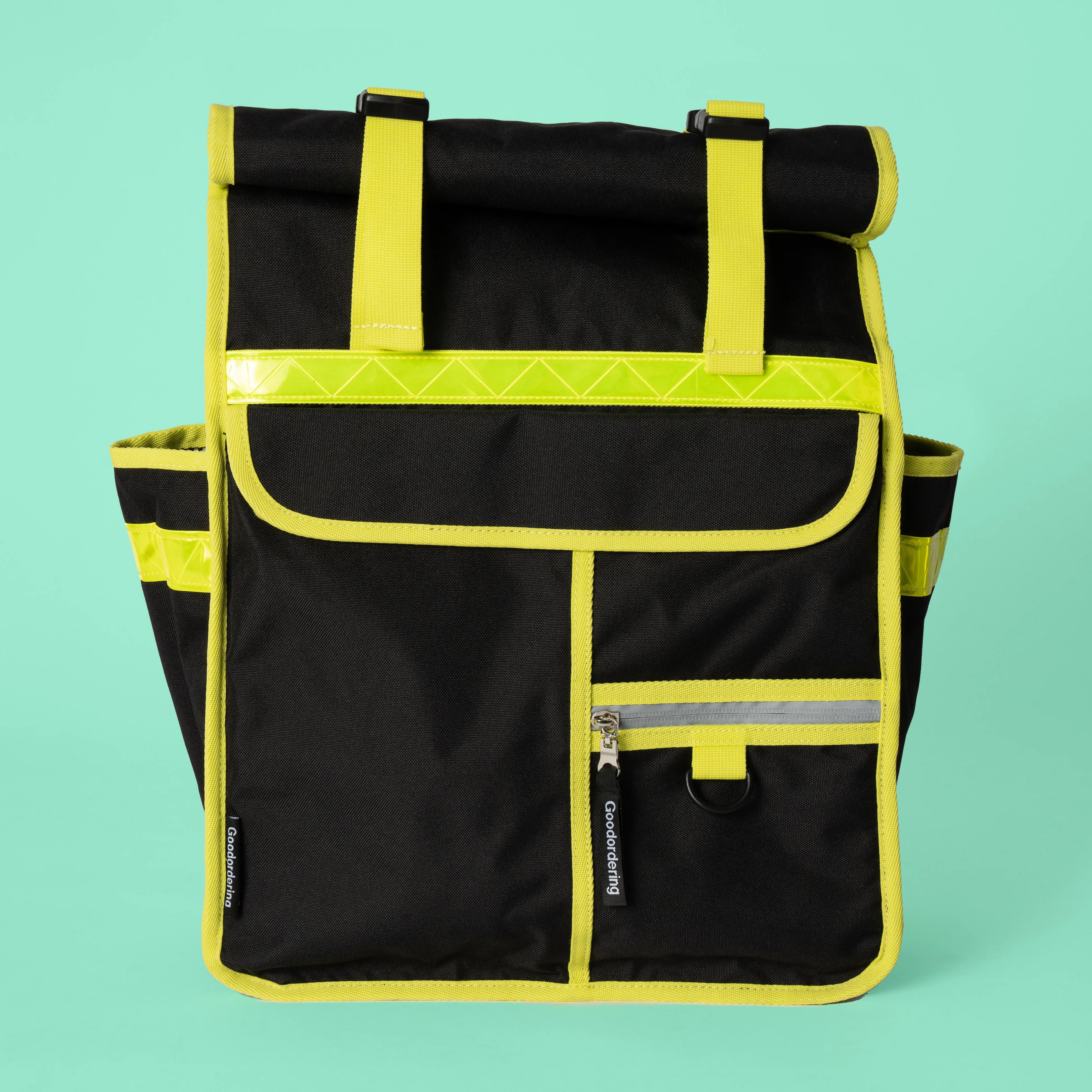 Neon rolltop backpack black pannier bike bag