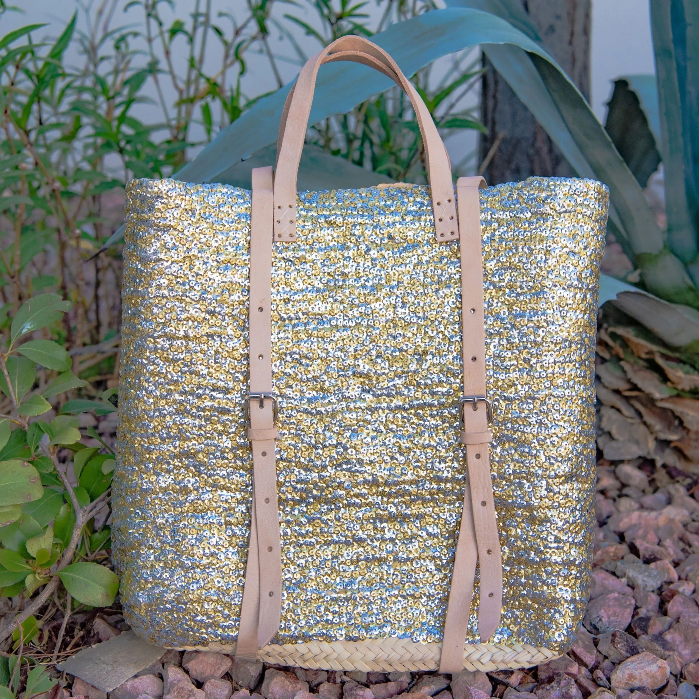 Straw Backpack with Gold and Silver Sequins