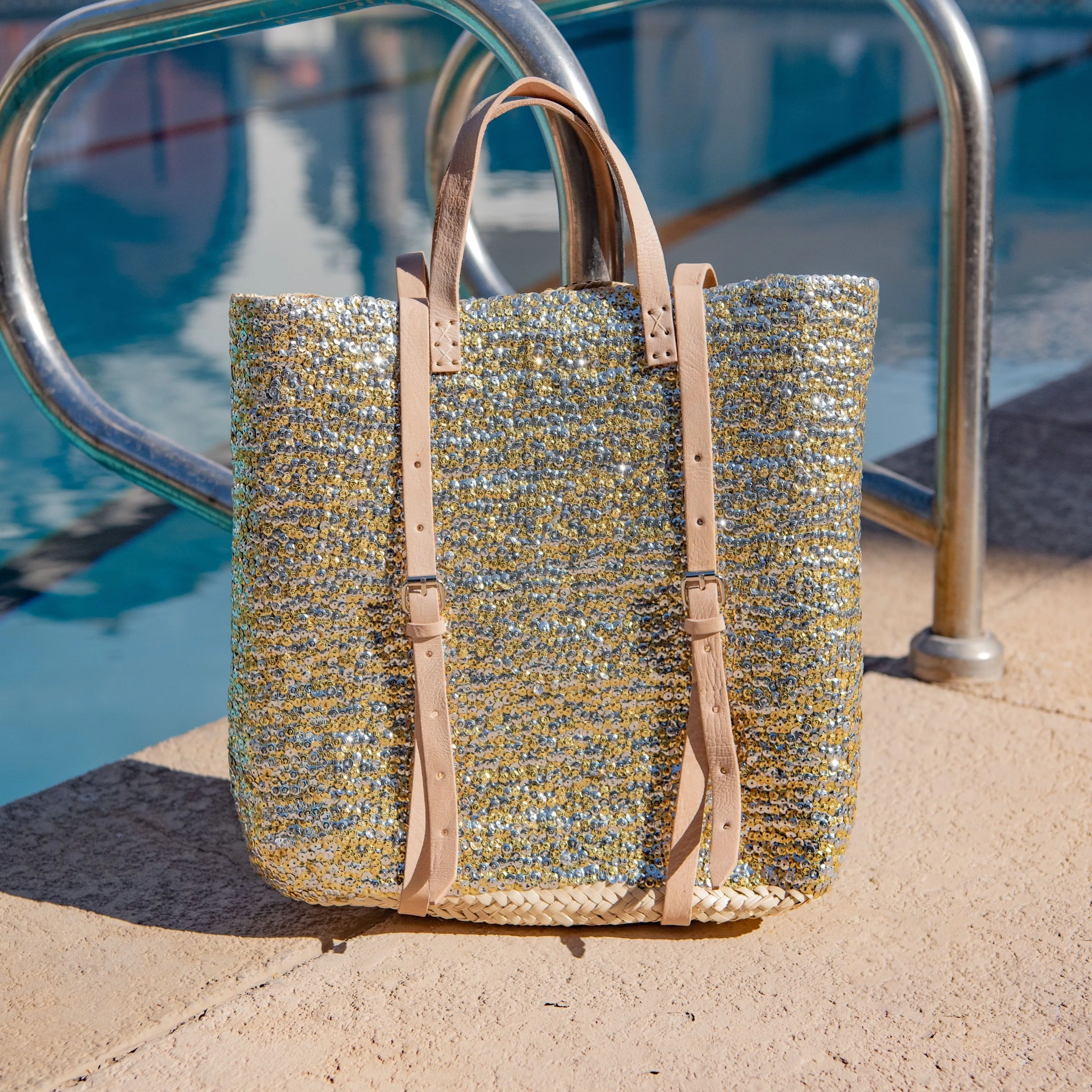 Straw Backpack with Gold and Silver Sequins