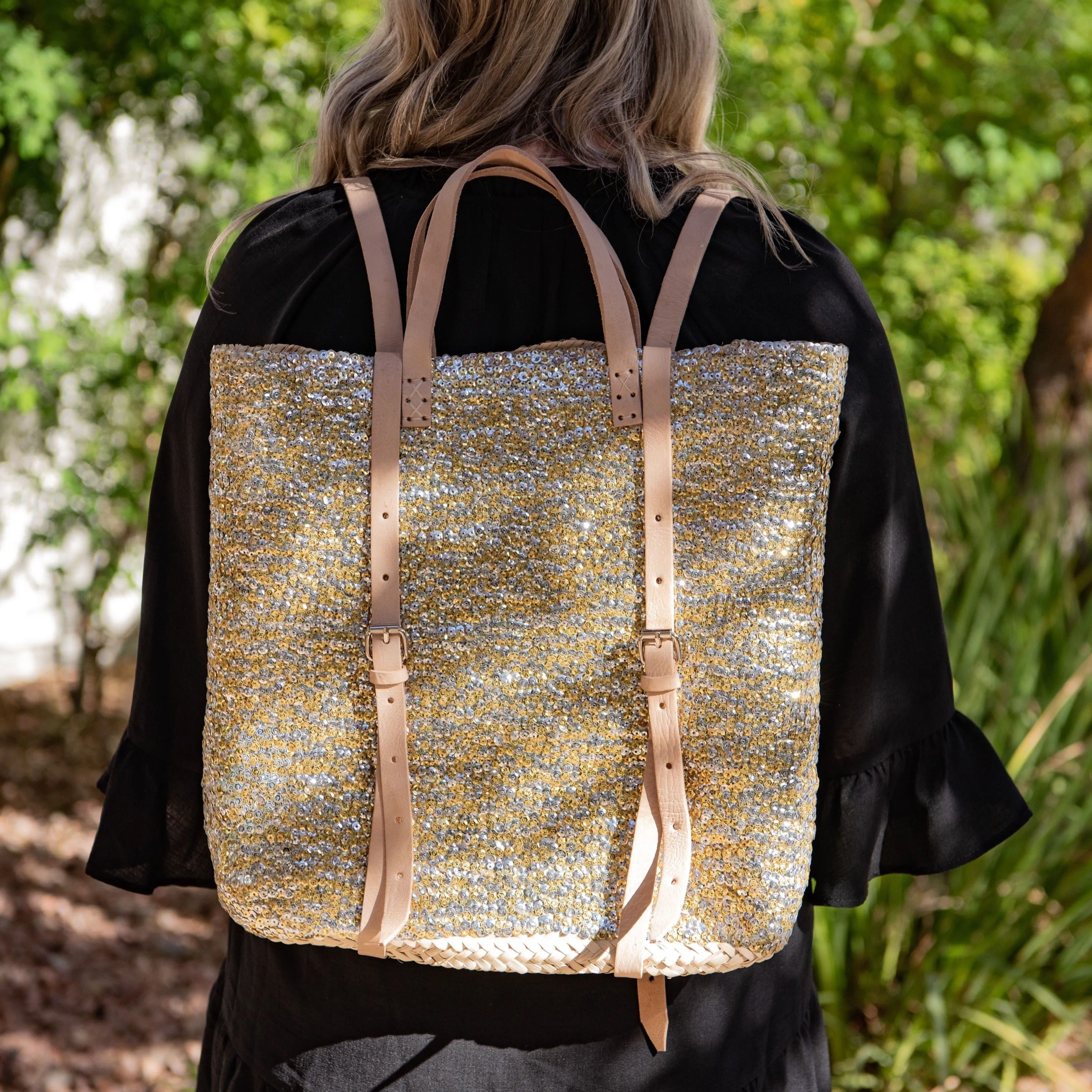 Straw Backpack with Gold and Silver Sequins