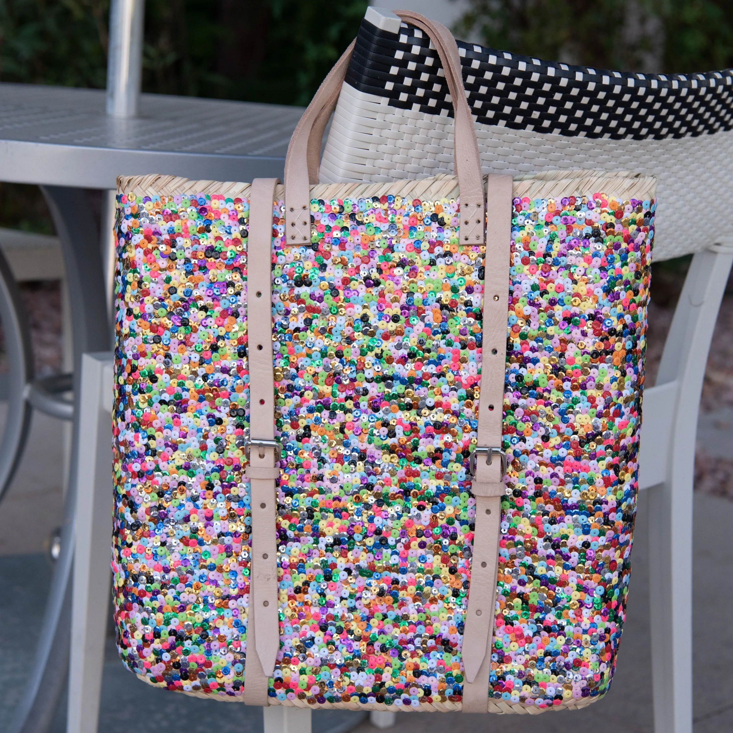 Straw Backpack with Multi-Colored Sequins