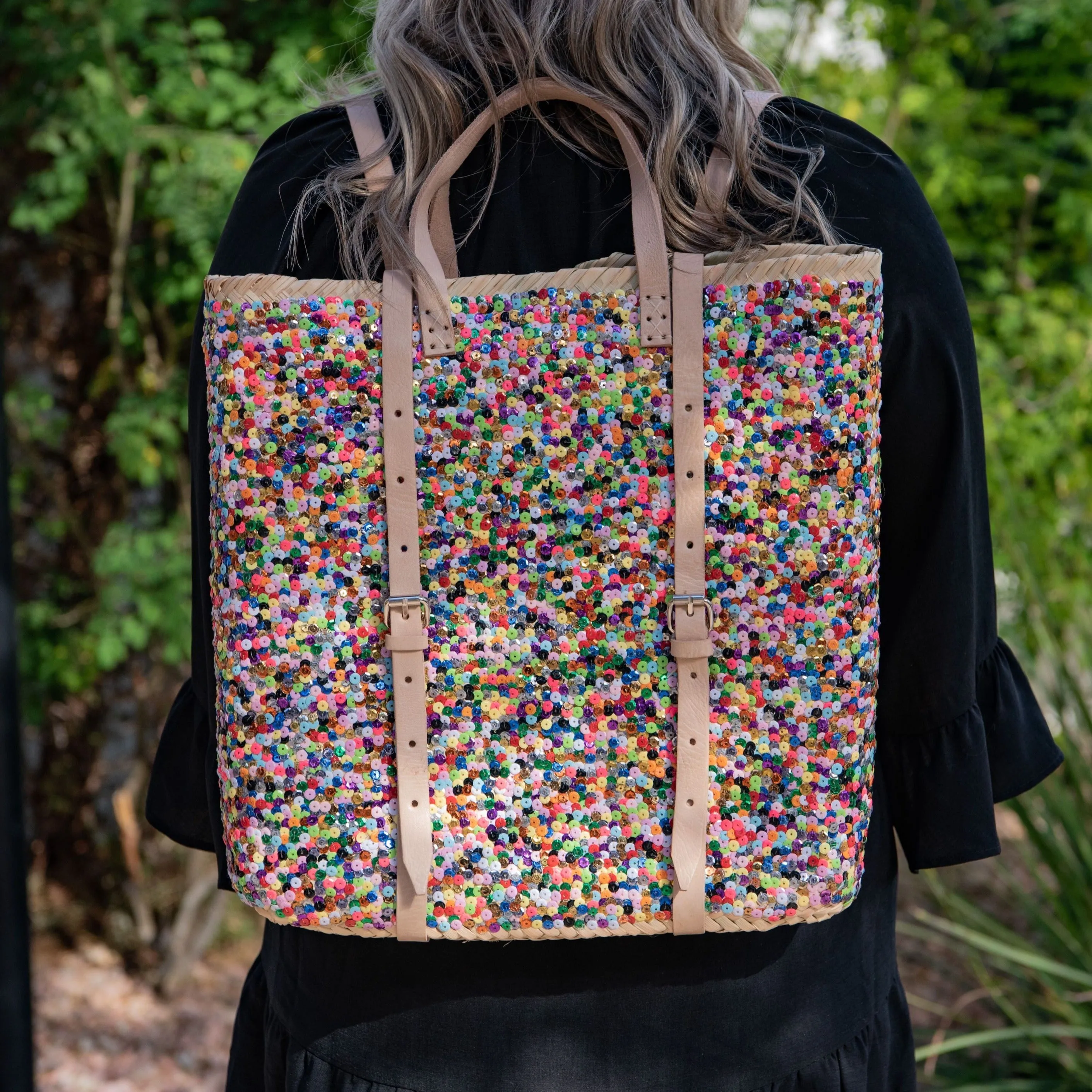 Straw Backpack with Multi-Colored Sequins